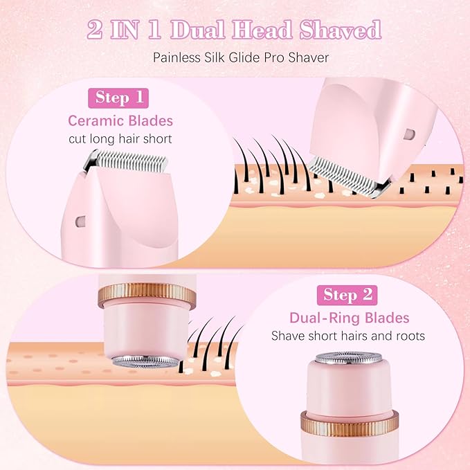 2 in 1 Women Electric Shaver Dual Head Bikini Trimmer for Women, IPX7 Waterproof Wet & Dry Use Painless Electric Razors for Silk Skin, Bikini Underarm Leg Arm Body Face, Pink