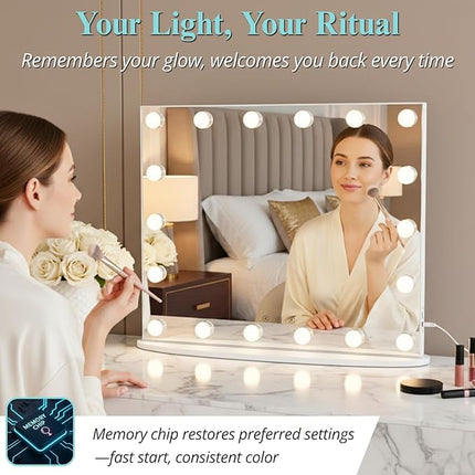 LUXFURNI Vanity Mirror with Lights, 23.6" x 20.5" Hollywood Mirror, Light Up Makeup Mirror with 18 LED Bulbs for Bedroom Desk, 3 Color Lighting Modes, Tabletop & Wall Mount, USB Charging Port