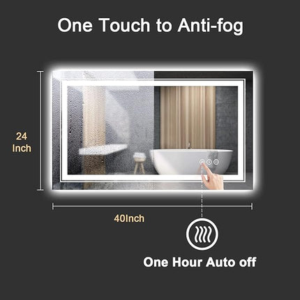LED Bathroom Mirror, 40"x24" with Front and Backlit, Anti-Fog, Bathroom Vanity Mirror for Wall, Memory Function, Stepless Dimmable, Tempered Glass (Horizontal/Vertical)