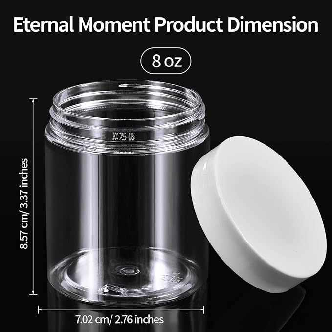 48 Pack 8 OZ Plastic Jars Round Clear Cosmetic Container Jars with White Lids, Eternal Moment Plastic Slime Jars for Lotion, Cream, Ointments, Makeup, Eyeshadow, Rhinestone, Samples, Travel Storage