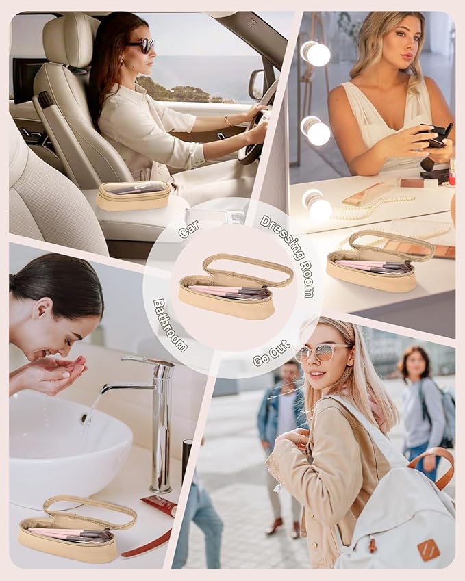 Clear Travel Makeup Brush Holder, Leather Makeup Brush Toiletry Bag, Portable Cosmetic Brush Case, Transparent Waterproof Makeup Brush Storage Bag, Khaki