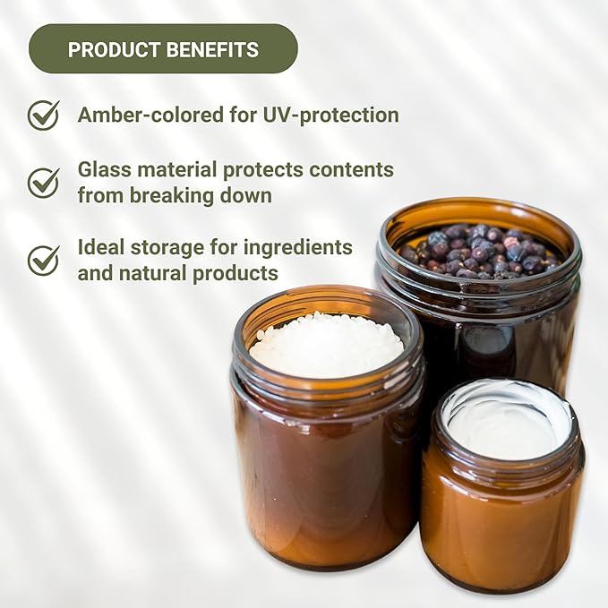 Glass Amber 8oz Jar - 12 Packs, Empty Round Jars For Beauty Products, Lotion, and Powders - Black Lid - Small Candle Jars