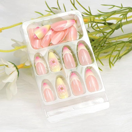 Press on Nails Almond Medium Yellow Pink Fake Nails with 3D Flower Gradient Designs French Tip Nails Press ons Acrylic Nail Glossy Glue on Nail Almond Stick on Nail for Women 24 Pcs