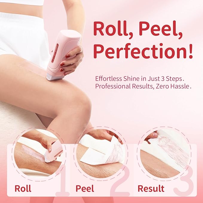 Wax Roller Kit- Easy Use Roll on Wax Kit with 4-6 Weeks Smooth Skin,Hair Remover for Larger Areas of the Body, Beginner-Friendly,with 50 Pcs Strips and 2 wax roller（Rose)