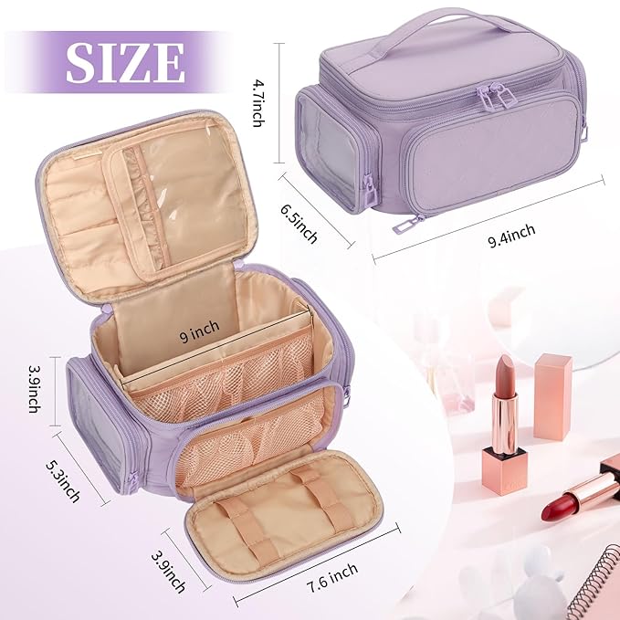 OCHEAL Makeup Bag,Travel Cosmetic Cases Makeup Organizer Bag for Women with Zipper Pouch and Side Pocket, Multifunctional Compartments and Dividers,Make up Toiletries, Brushes & Beauty Tools-Purple