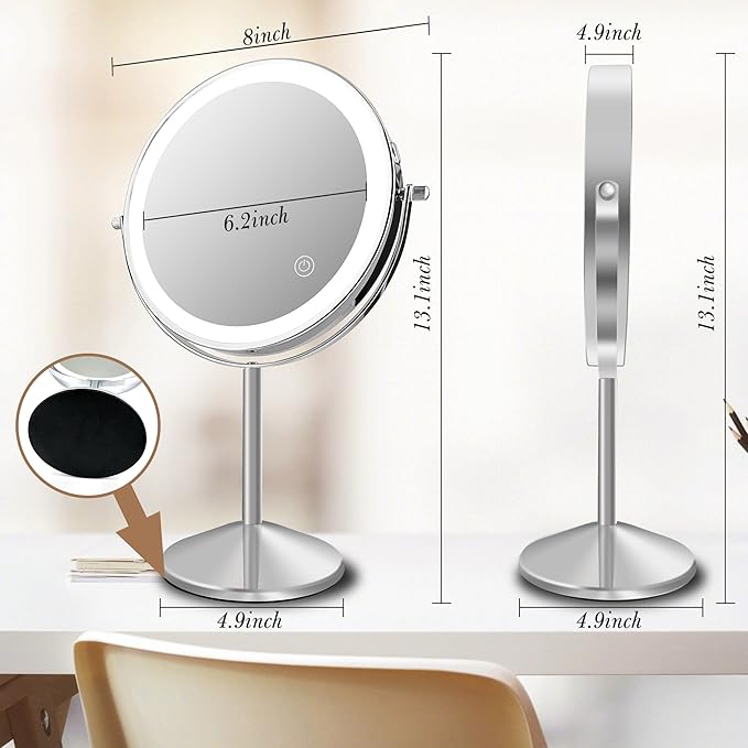 Ysenchan Lighted Makeup Mirror, 8'' Rechargable LED Vanity Magnifying Mirror, Double Sided 5X Manification Mirror with Stand, Cosmetic Standing Desk Mirror