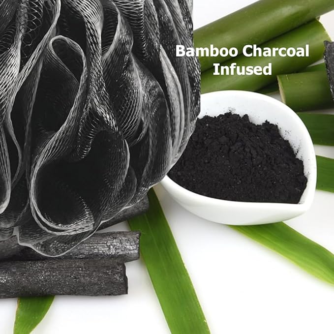 SHOWER BOUQUET Loofah-Charcoal Bath-Sponge XL-4-Pack-Blue-Green // Extra Large 75g Soft Mesh Color & Black Lufa Loofa Loufa Puff Set/Exfoliating Body Scrubber for Women and Men - Exfoliate & Soothe