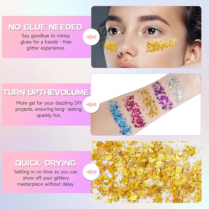 Gold Body Glitter Gel,Face Hair Glitter Makeup,Music Festival Concert Outfit Rave Pride Accessories for Women,Mermaid Sequins Chunky Glitter Face Paint,Hair Glitter Gel for Halloween
