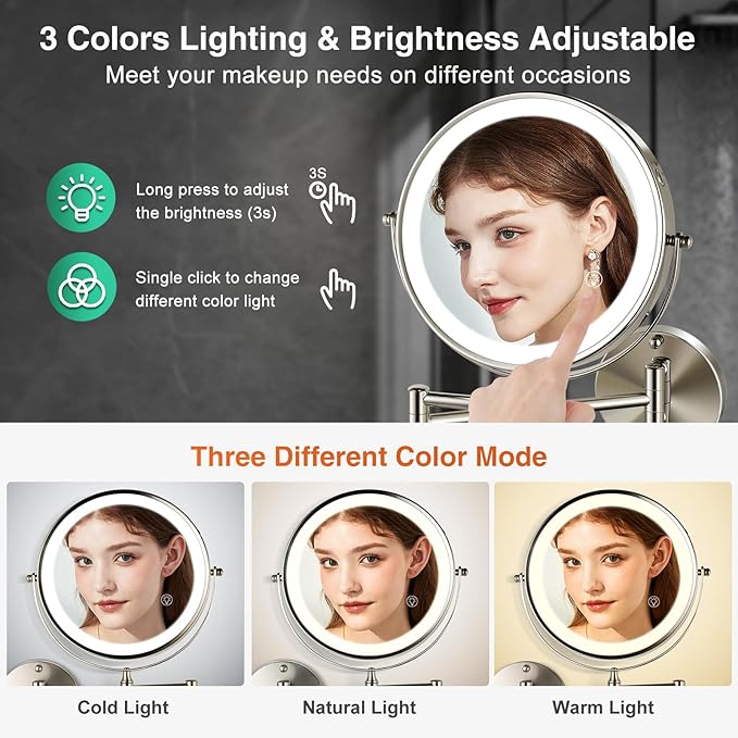Rechargeable Wall Mounted Makeup Mirror Brushed Nickel, 8.5'' Magnifying Mirror with Lights Double-Sided 1X/10X 360° Rotation Extension Bathroom Shaving Mirror with Foldable Arm