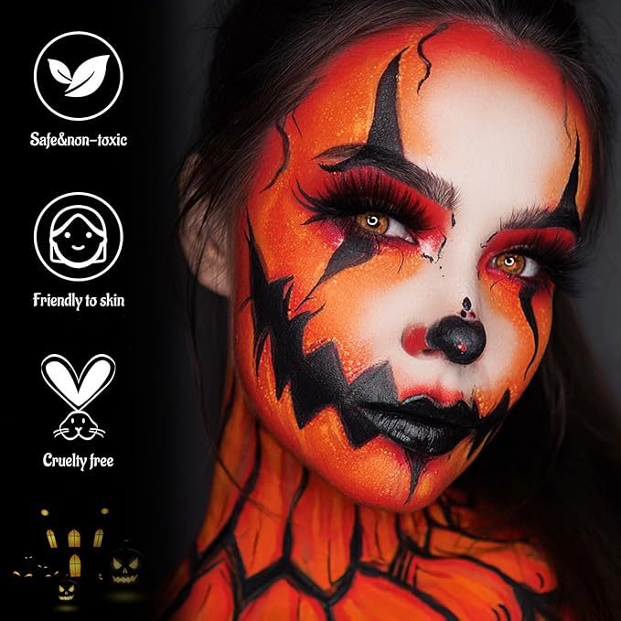 Black Red Orange Face Body Paint with Applicator, Face Painting Kit for Halloween Makeup, Pumpkin, Tiger Costume, Cosplay,Theme Parties, Dress Up - Compact & Portable