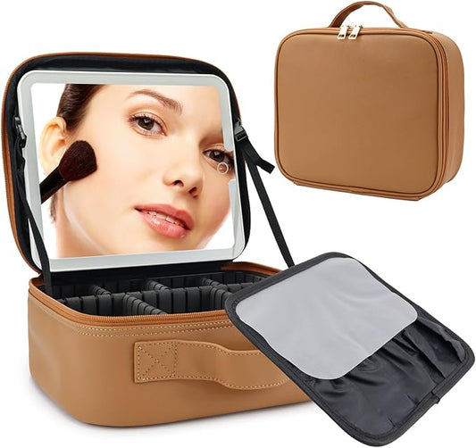 Travel Makeup Bag with LED Mirror Travel Makeup Organizer with 3 Lighted Settings, Adjustable Dividers and Makeup Brush Storage Bag Brown