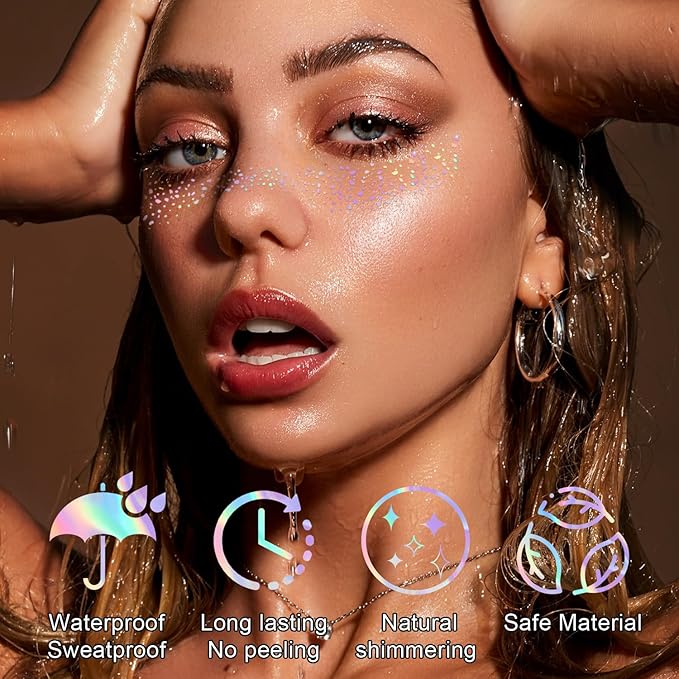 8PCS Glitter Freckles, Glitter Freckles Face Tattoo, Sparkle Freckles for Women and Kids, Cute Star Waterproof Gold Temporary Face Tattoos Glitter Glow Up Patches (8PCSB Holographic Multicolor)