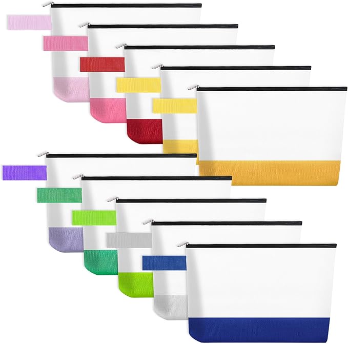 10 Pieces Cotton Canvas Makeup Bag with Bottom and Strap, Multi-Purpose Cosmetic Bag with Zipper Travel Toiletry Pouch, Blank DIY Craft Bag (Multicolor 03, M)