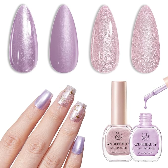 AZUREBEAUTY Sparkle Purple Nail Polish Set Quick Dry Pink Pastel Glitter 2 Colors Nail Lacquer Natural Shine DIY Salon Home Women Gifts 2Pcs 0.34oz