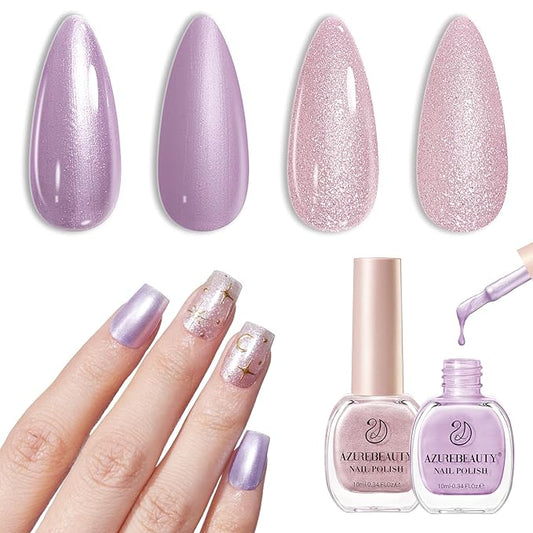 AZUREBEAUTY Sparkle Purple Nail Polish Set Quick Dry Pink Pastel Glitter 2 Colors Nail Lacquer Natural Shine DIY Salon Home Women Gifts 2Pcs 0.34oz