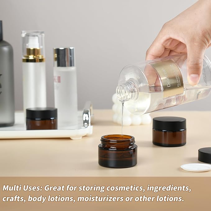 2 oz Reusable Amber Glass Container Jars 24 Pack with Wide-mouth Leak Proof Cap and Inner Pull-On Lid for Travel Storage Makeup, Face Creams, Body Lotions, DIY Crafts or Others