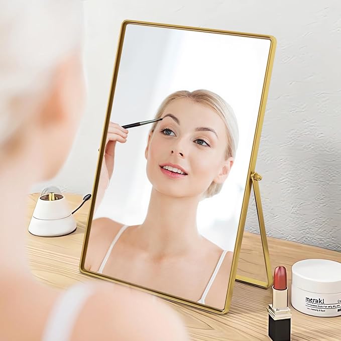 Desktop Vanity Makeup Mirror Portable Standing Mirror with Metal Stand 90°Adjustable Rectangular Desk Table Mirrors Good for Bedroom Living Room Shower Room Office