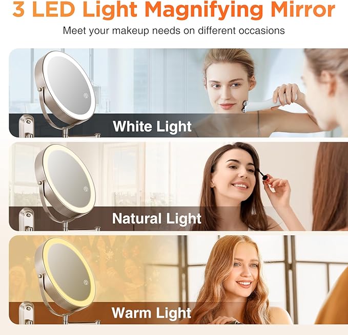 15x Wall Mounted Makeup Mirror, 8" Rechargeable Double-Sided Magnifying Mirror, 3 Color Lights for Makeup,365°Swivel for Shaving - Nickel