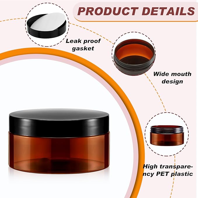 Dandat 24 Pcs 4 oz Plastic Jar Container with Lid and Label Refillable Empty Round Amber PET Cosmetic Sample Containers for Lotion, Cream, Ointments, Body Butter, Makeup, Travel Storage