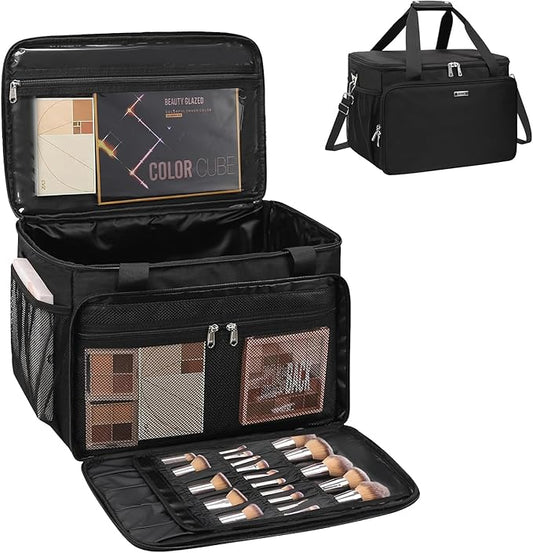 Extra Large Makeup Bag Travel Makeup Case Makeup Artist Bag Professional Makeup Bag Hairstylist Cosmetic Bag with Detachable Dividers and Shoulder Straps