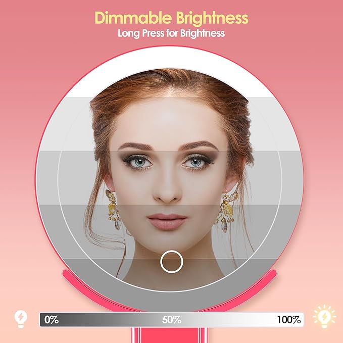 MIYADIVA Magnifying Mirror with Light, Double Sided 30X/1X Lighted Travel Makeup Mirror with Magnification, 3 Color Lighting, Dimmable Touch Screen, Adjustable & Foldable Hand Mirror (Pink)