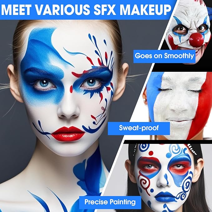 3 Colors Face Body Paint [Blue White Red] + 3pc Sponge + 3pc Brush, USA Themed Accessories Flag Color Eye Black for Sport, Face Paint Halloween Makeup Kit for Clown Vampire Joker Makeup