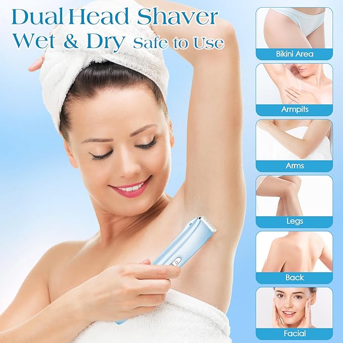 2 in 1 Bikini Trimmer for Women Dual Head Electric Razors IPX7 Waterproof Wet & Dry Use, Electric Shaver for Women Private Area Facial Body Underarm Leg Arm Hair Remover for Pubic Hair