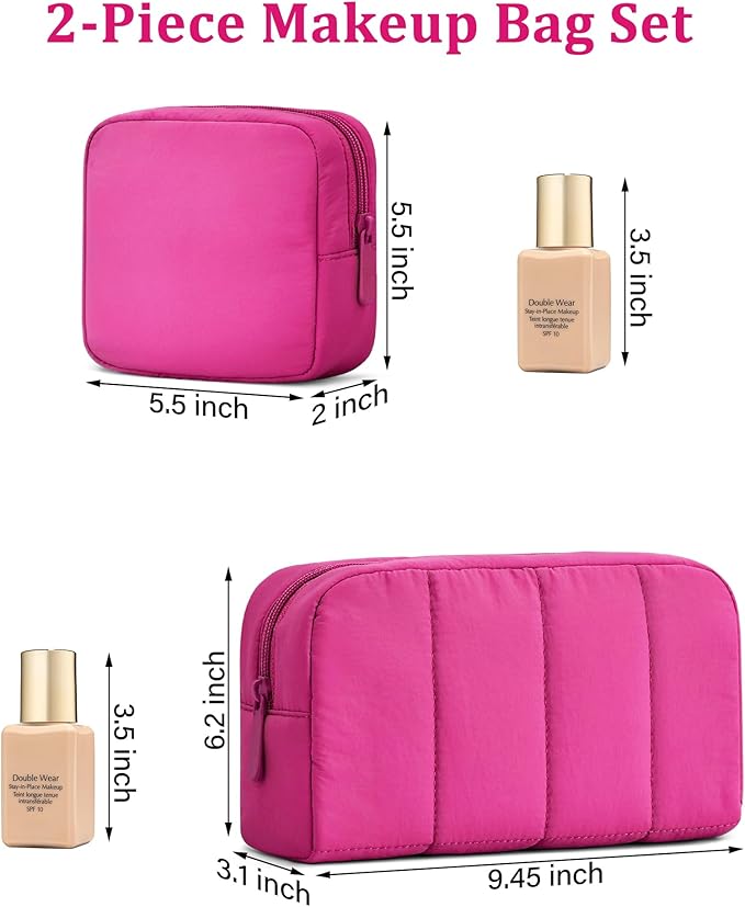 oscaurt 2 Pcs Makeup Bag Travel Toiletry Bag for Women Puffy Padded Cosmetic Pouch Purse Wide-open Makeup Organizer Case Travel Essentials