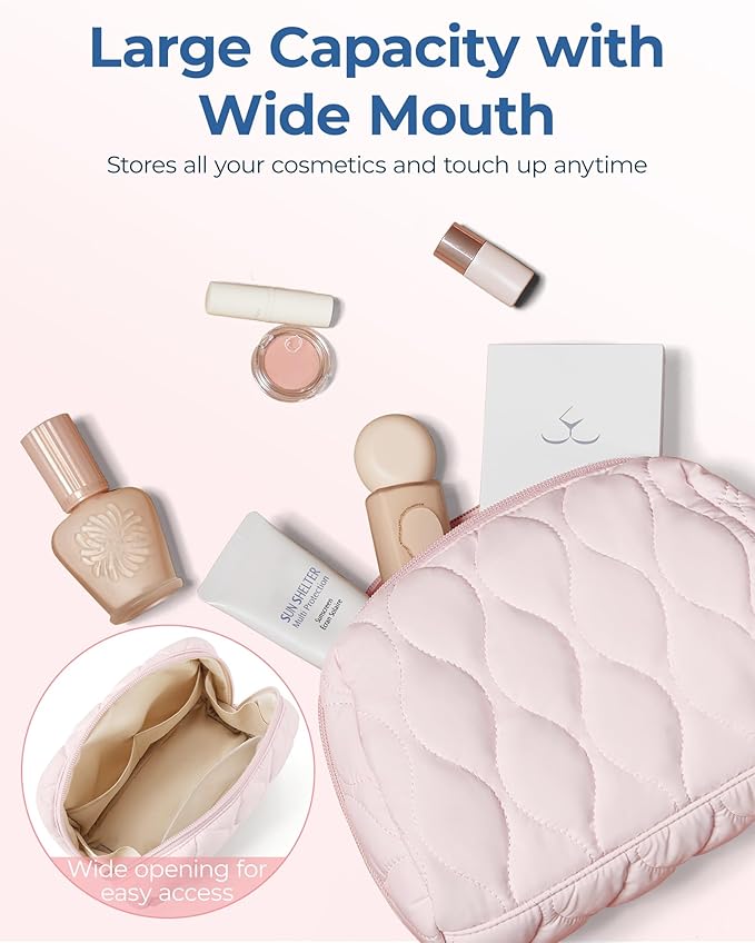 BAGSMART Makeup Bag, Travel Cosmetic Bag, Puffy Padded Make Up Bag for Women, Makeup Organizer Case, Wide-open Pouch Purse, Travel Essentials, Toiletries Accessories Brushes, Beige