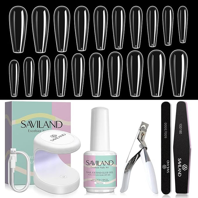 SAVILAND Nail Kit for Beginners: Nail Set Kit with Everyting Long Coffin Nail Tips with 4-in-1 Glue Gel and Nail Lamp U V Nail Light DIY Salon At Home Gift for Women Mincure Kit