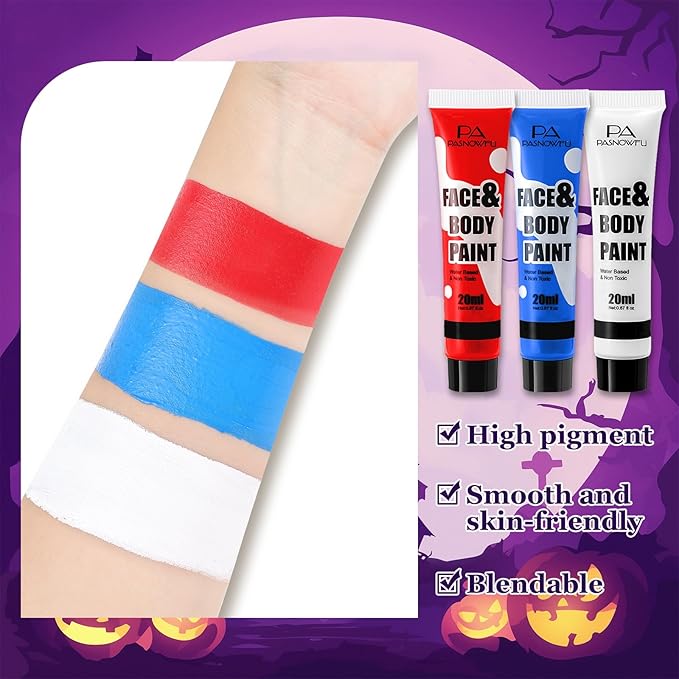 Red White Blue Face Paint - Professional Water-Based Non-Toxic Face Body Painting Kit for Devil Clown Makeup,American Flag Color Body Paint for Halloween Cosplay Costume, Sports Event