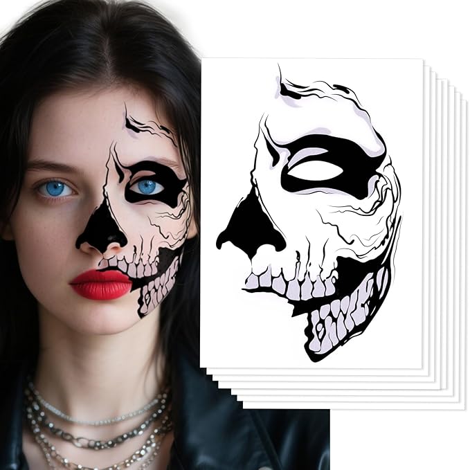 8Pcs Halloween Scary Semi Face Tattoos, Spooky Halloween Face Tattoos Stickers, Face Temporary Tattoos,Face Makeup Tattoo Stickers for Halloween Cosplay Party DIY Decorations