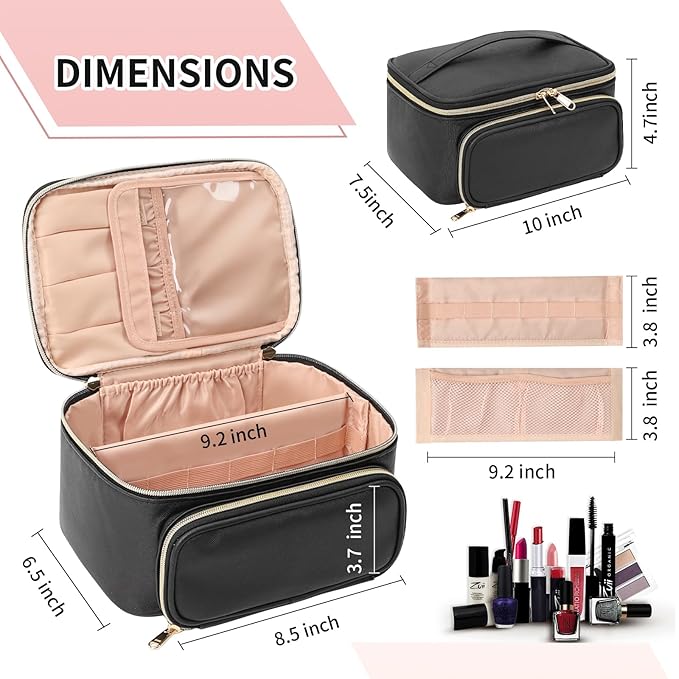 OCHEAL Makeup Bag, Multifunctional Make Up Bags with Zipper Pouch Large Compact Makeup Bag Organizer for Women Girls Cosmetics Toiletry Brushes Storage Makeup Case with Handle Divider-Black