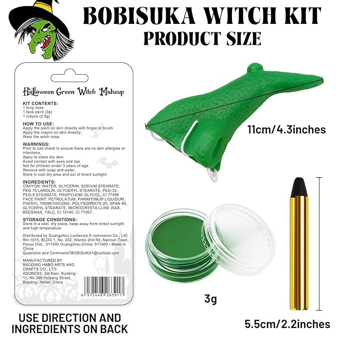 Green Face Paint with Fake Nose Witch Makeup Kit Halloween Character Set for Kids Adults, Safe Non-Toxic Cream Face Painting Kit for Stage, Costume Party, Dress Up Cosplay & Special FX Make-Up