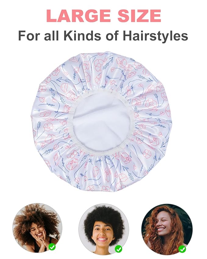 Shower Cap, Triple Layer Large Shower Cap for Women, Terry Cloth Lined Reusable Shower Caps for Long Thick Hair(Line Flower)