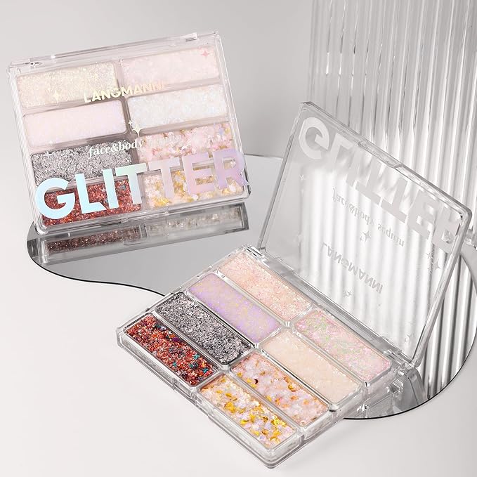 LANGMANNI 8 Colors Face & Body Glitter Palette - Holographic Changing Sparkling Mermaid Sequins for Women Girls Music Festival Party Rave Makeup(#A)