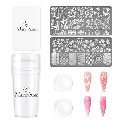 MelodySusie Nail Stamper Kit, Silicone French Tip Stamp Tool, 1PC Stamper, 1PC Scraper, 2PCS Stamping Plates, 2PCS Silicone Replaceable Heads for DIY Home French Manicure & Salon Art, Transparent