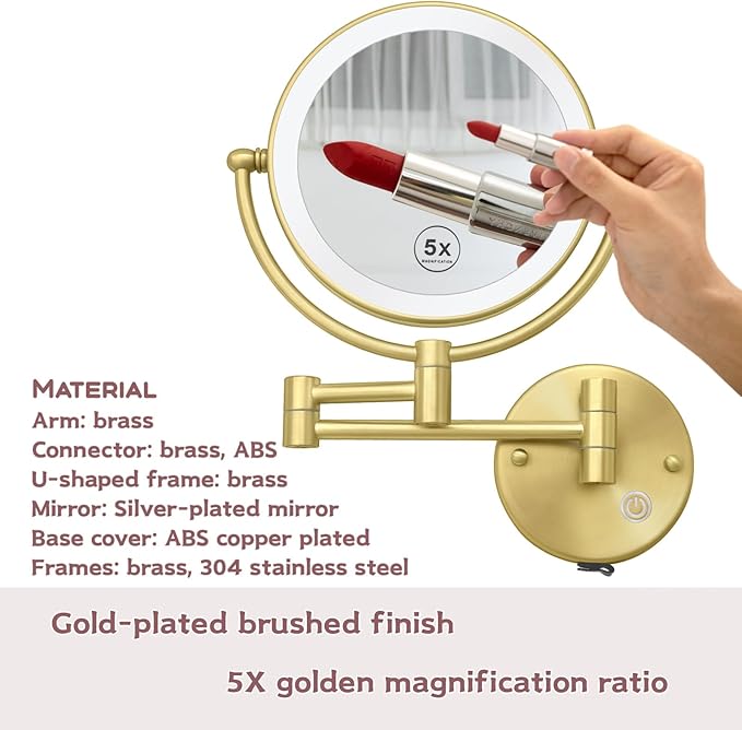 8 Inch Brass Rechargeable Lighted Wall Mounted Makeup Mirror Gold, 1X/5X Double Sided Vanity Mirror with Light and Magnification, 360 Swivel Extendable Shaving Mirror, Brushed Gold