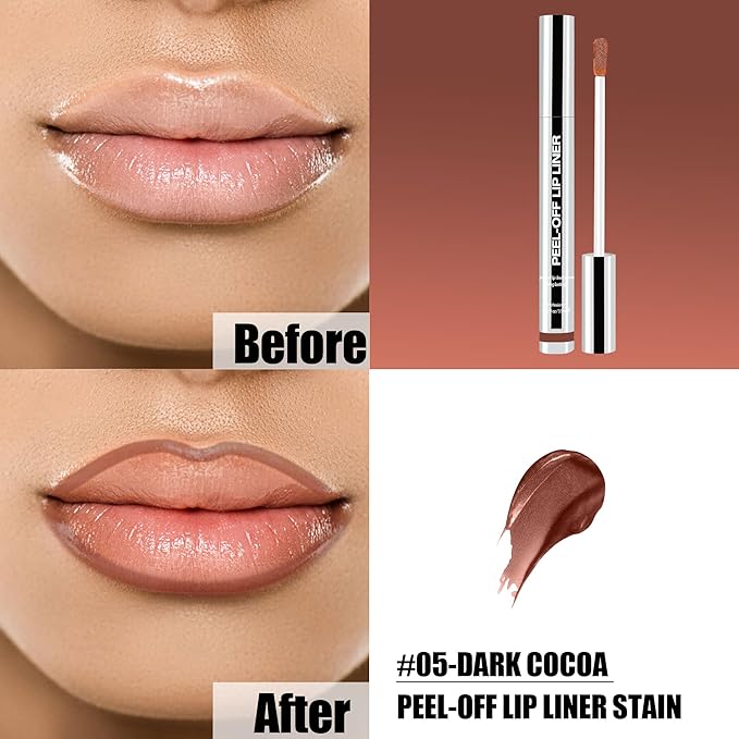 Peel Off Lip Liner Stain, Long Lasting Matte Lip Tattoo Makeup, Smudge-Proof, Highly Pigmented Color, Transfer-Proof, Waterproof, Suitable for All Skin Types, Dark Cocoa