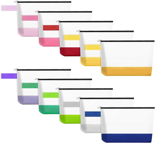 10 Pieces Cotton Canvas Makeup Bag with Bottom and Strap, Multi-Purpose Cosmetic Bag with Zipper Travel Toiletry Pouch, Blank DIY Craft Bag (Multicolor 03, XS)