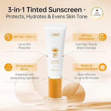 VGO Tinted Sunscreen for Face SPF 50, Tinted Moisturizer with SPF, Face Sunscreen for Women, Sweat Resistant Oil Free with No White Cast, 1.76oz