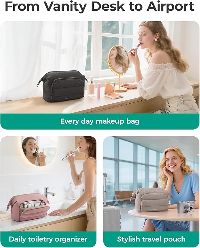BAGSMART Makeup Bag Travel Toiletry Bag, Puffy Padded Make Up Bags for Women, Makeup Organizer Wide-open Pouch Purse, Travel Essentials for Toiletries Accessories Brushes, Black