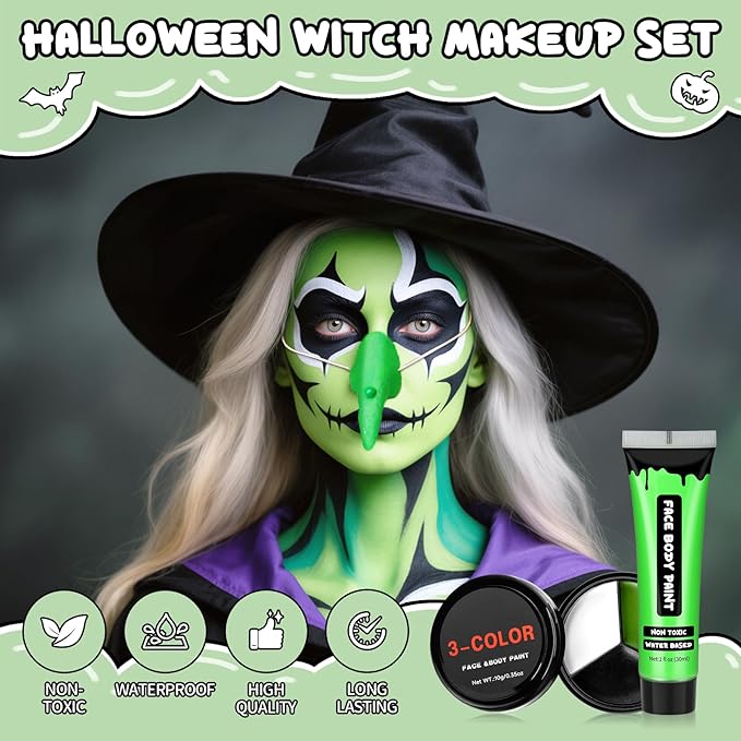 AIUEO 7PCS Green Face Paint with Fake Nose White Black Face Body Paint, Halloween Makeup Kit for Witch Monster Hulk SFX Makeup Cosplay Party