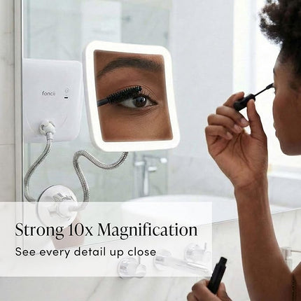Fancii 10x Flexible Magnifying Mirror with 3 LED Light Settings, Rechargeable - Gooseneck Lighted Makeup Mirror for Bathroom, Locking Suction Mount, Cordless, 360° Rotatable (Mira 2 Plus)