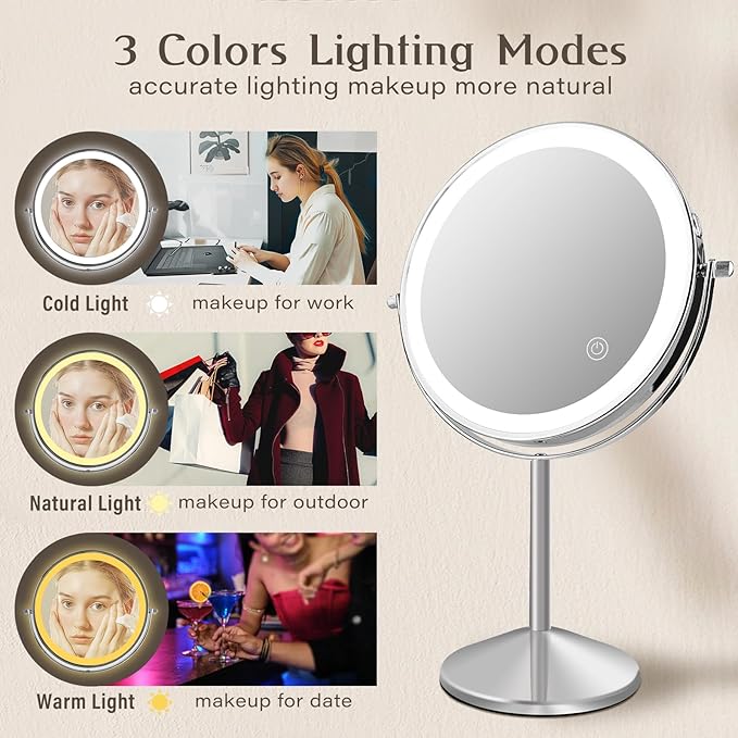 Ysenchan Lighted Makeup Mirror, 8'' Rechargable LED Vanity Magnifying Mirror, Double Sided 5X Manification Mirror with Stand, Cosmetic Standing Desk Mirror