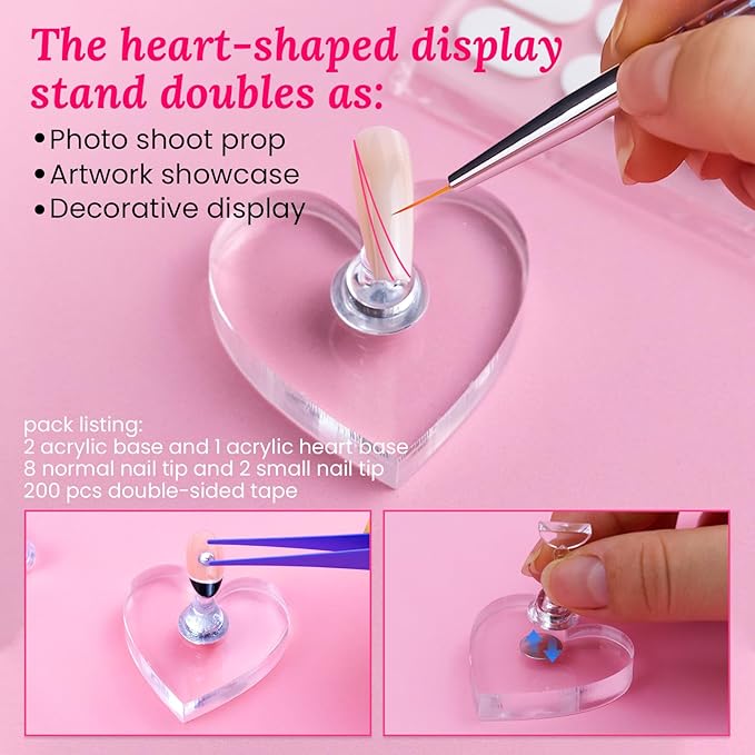Nail Stand for Press On Nails Art Display Practice 2 Sets, 1 Heart Shaped Acrylic Magnetic Nail Stands, Fake Nail Holder Tips With 200 PCS Double-Sided Tape, Nail Kit Home DIY Salon Supplies