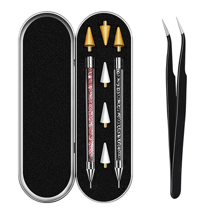 Vikerer Rhinestone Picker Tool, Dual-ended Rhinestones Applicator Nail Art Design Tool, 2 Pack Acrylic Handle Nail Pen with 4 Extra Wax Tips and1 Tweezer
