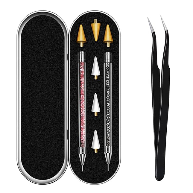 Vikerer Rhinestone Picker Tool, Dual-ended Rhinestones Applicator Nail Art Design Tool, 2 Pack Acrylic Handle Nail Pen with 4 Extra Wax Tips and1 Tweezer