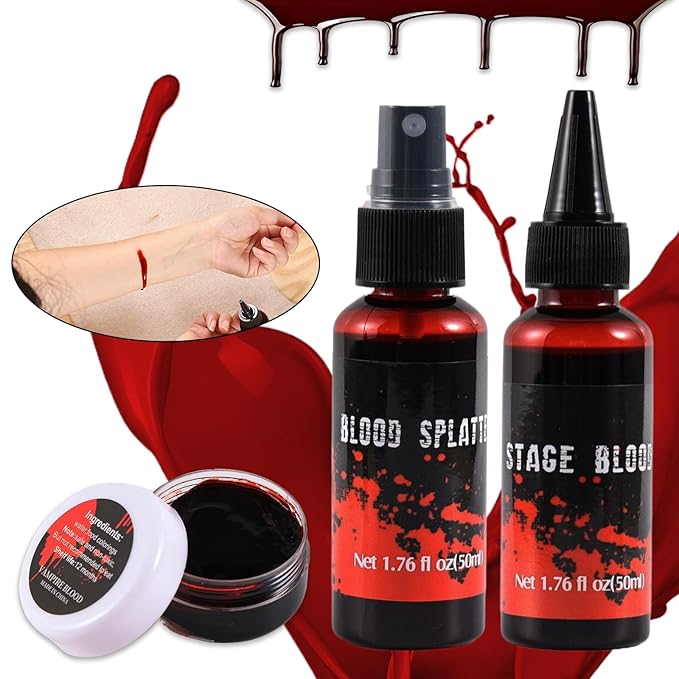 Halloween Fake Blood Spray Makeup Kit Fake Blood Washable for Scar Wound and Clothes Realistic Face Paint Wounds Costume Blood For Vampire, Zombie, Clown Cosplay Red blood01