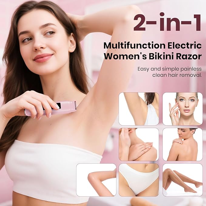 Bikini Trimmer for Women,IPX7 Waterproof Painless Electric Razors for Trip,Portable&Easy Cleaning Lady Underarm Pubic Leg Arm Body Face,Electric Shaver for Travel&Shower Use,Gifts for Women,Pink